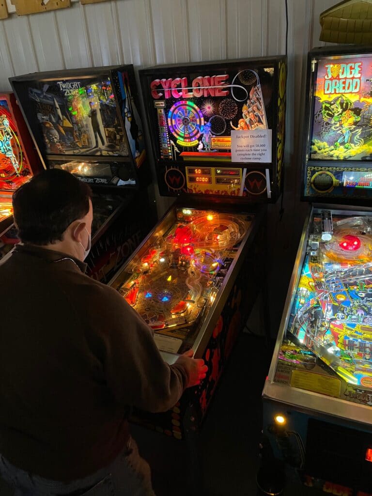 Joe Staed Playing Cyclone Pinball Machine